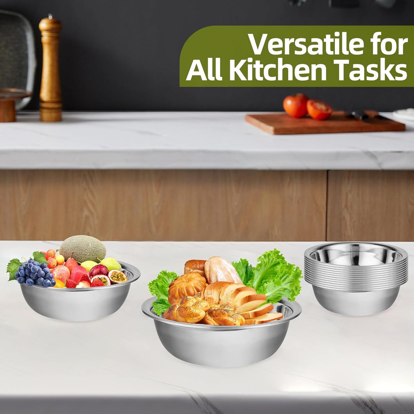 12 Pack 10.24 x 2.76 Inch Stainless Steel Mixing Bowls for Bulk Food Prep with Nesting Design for Hotel Restaurant and Home Kitchen Cooking in Silver