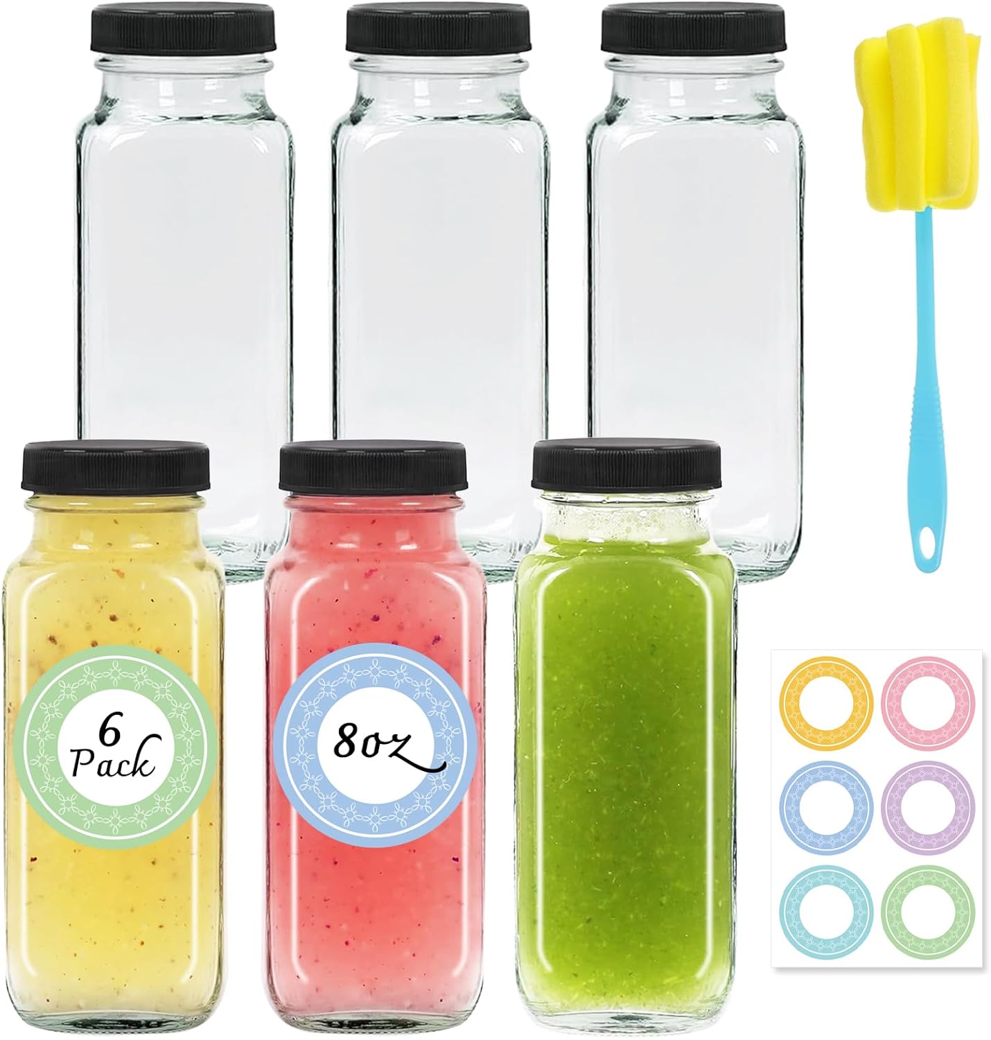 6 pack 8 oz Glass Juice Bottles with Lids, 250 ml Reusable Glass Water Bottles, Empty Drink Containe