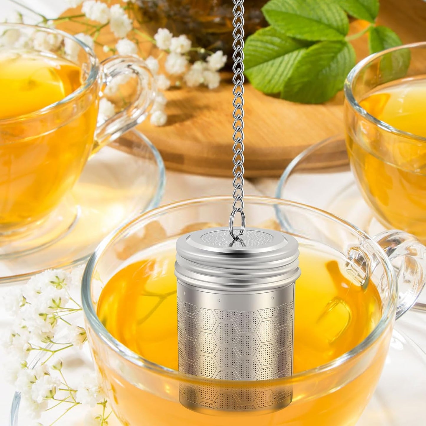 4 Pack Tea Infuser for Loose Leaf Tea, Extra Fine Mesh 304 Stainless Steel Tea Strainers with Drip Tray and Chain Hook, Reusable Tea Ball Steeper for Mug Teapot, Spice Diffuser