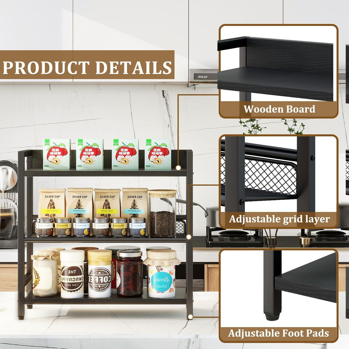 IBUYKE 3-Tier Spice Rack Industrial Counter Shelf Desktop Storage Organizer Standing Seasoning Rack for Countertop Kitchen Office Living Room Desktop Black UTLJ021B