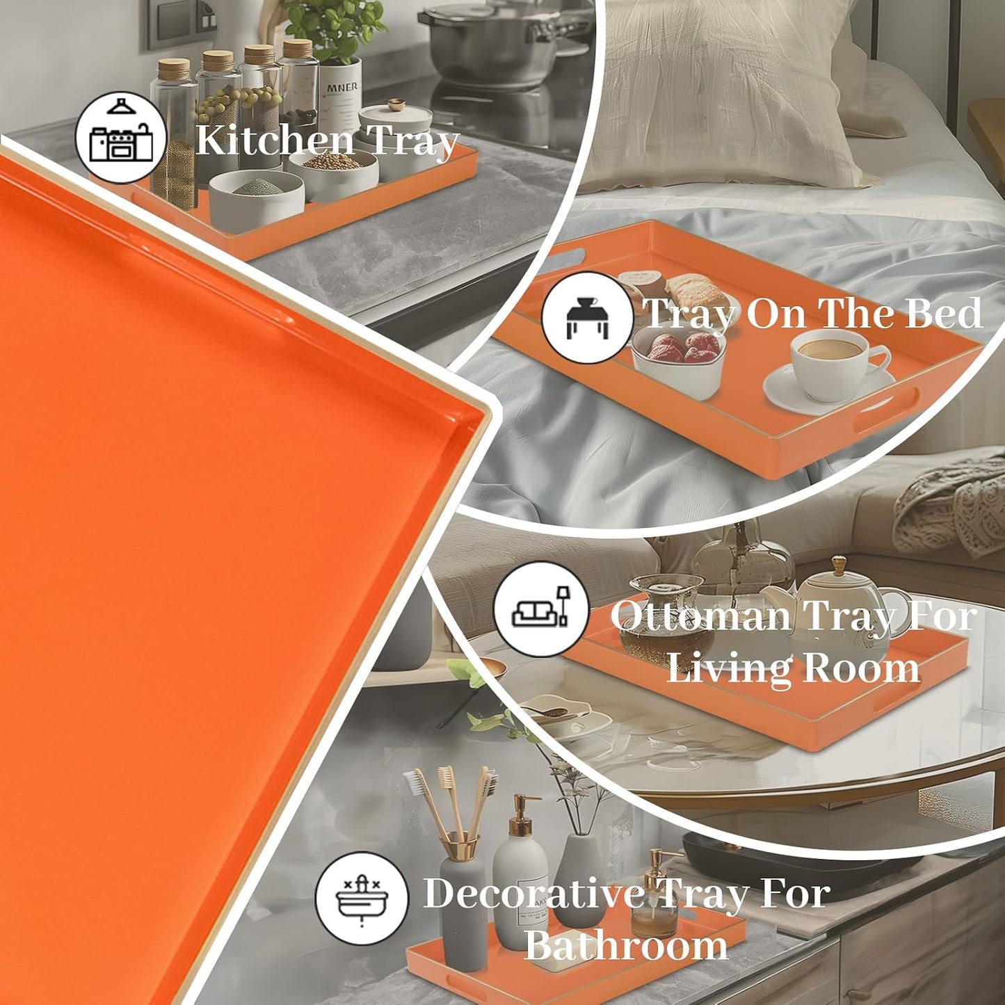 MAONAME Orange Decorative Tray for Coffee Table, Serving Tray with Handles | Plastic Melamine Tray, Modern Ottoman Tray, Rectangular Countertop Organizer Tray for Living Room, 15.8"L x 10.2"W x 1.4"H