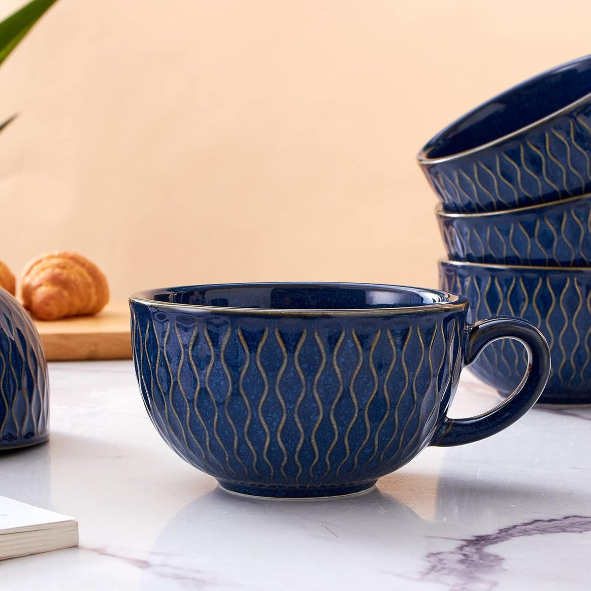 Set of 6 Cups Vintage Design 12 oz Professional Barista Ceramic Latte Art Cappuccino Cups Set (Embossed Blue * 6)