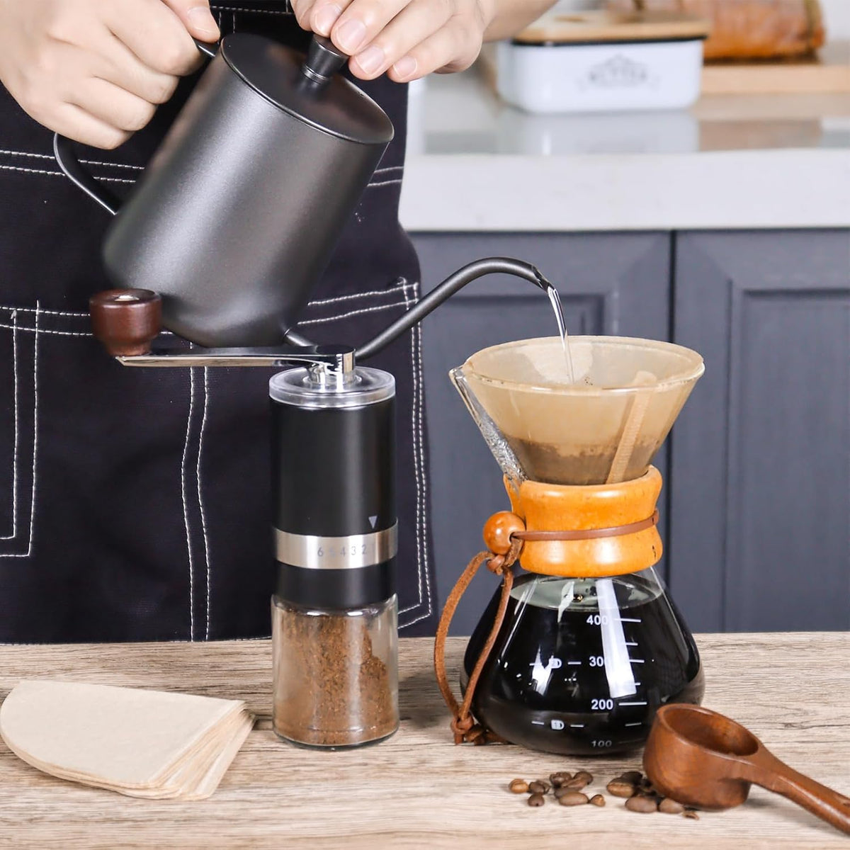 SOTECH Pour Over Coffee Maker Set Portable Pour Over Set-Manual Coffee Grinder Heatproof Glass Coffee Dripper for Traveling Camping