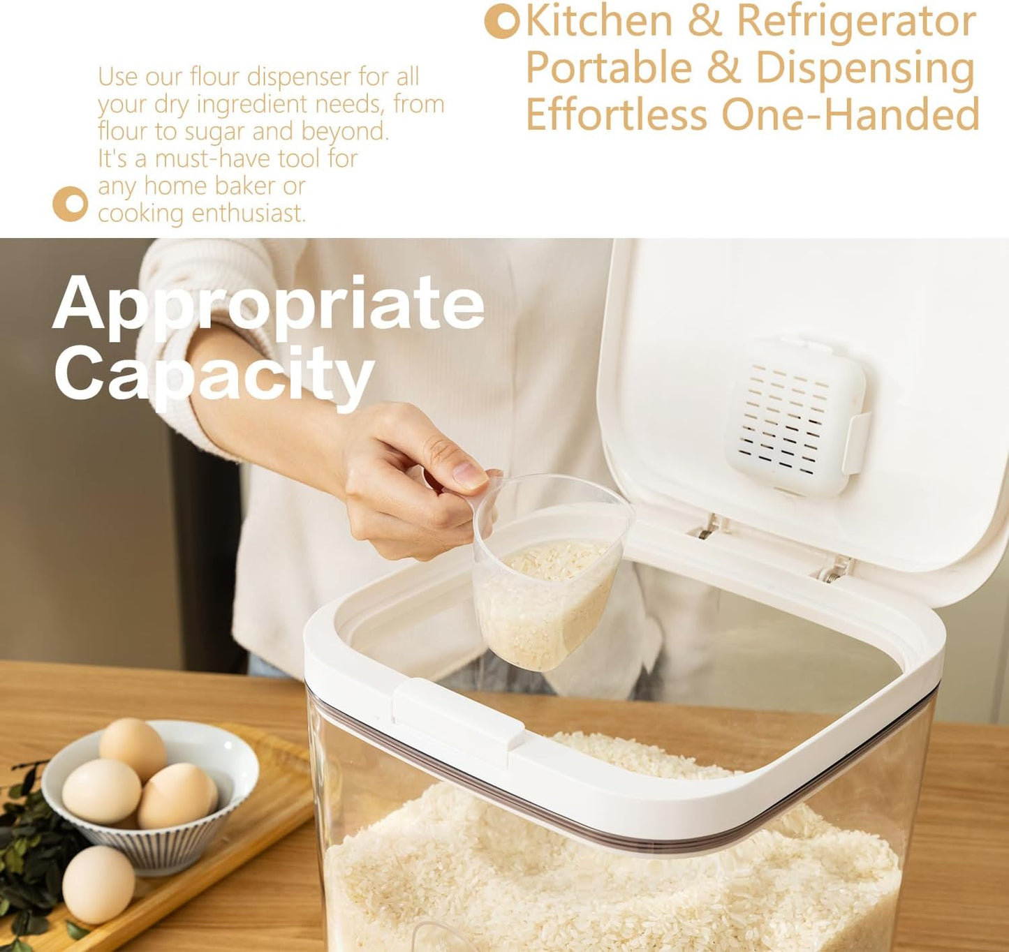 Rice Dispenser 10Lbs - Airtight with Measuring Cup, PET Material
