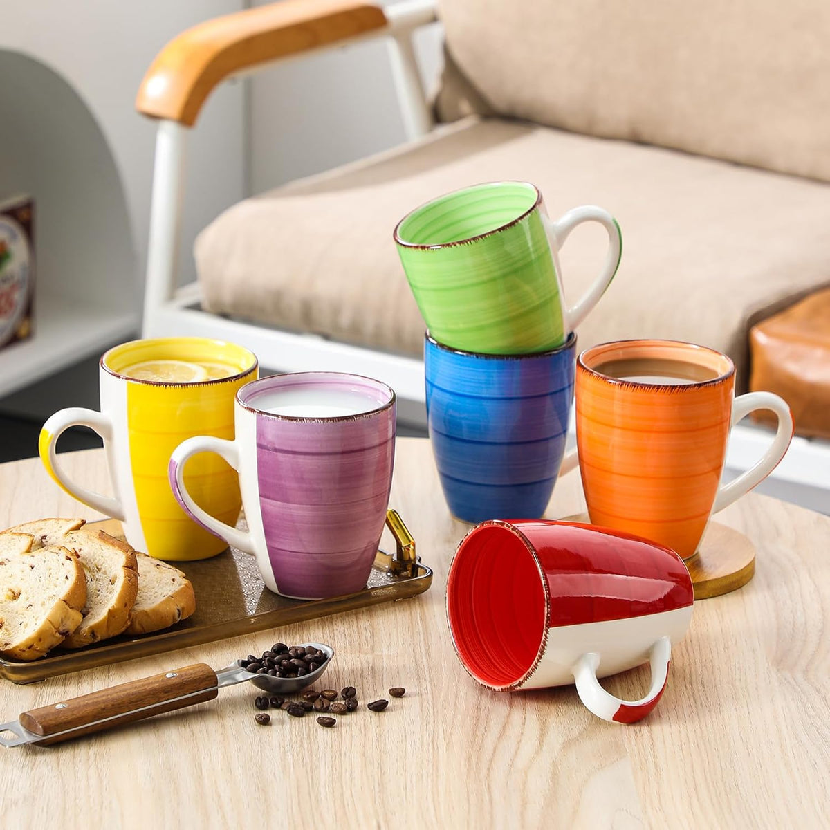 vancasso Bonita 16 Oz Large Coffee Mugs Set of 6, Ceramic Coffee Cups for Cappuccino, Latte, Tea, Cocoa, Warm Color