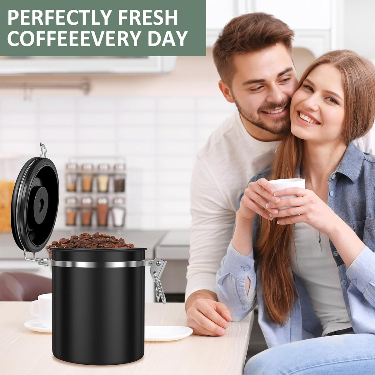 4PCS Coffee Storage Canister 1.5L 51OZ Double Airtight Coffee Beans Container with Date Locator 304 Stainless Steel Kitchen Food Storage Container with Spoon for Tea Sugar