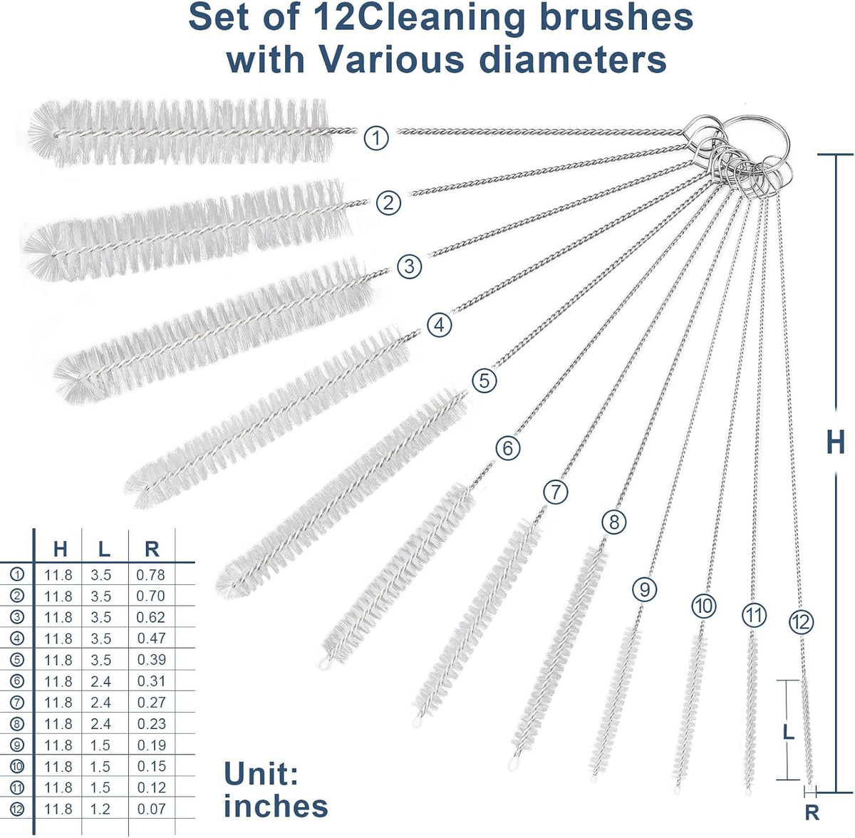 Ixiaoyoo 12 Pcs Bottle Cleaner Brushes Set, 11.8 Inch Nylon Cleaning Brush | White Straw Cleaner Brushes for Tumbler, Sippy Cup, Water Bottles, Hummingbird Feeders, Pipes, Sink Drain & Pet Waterers