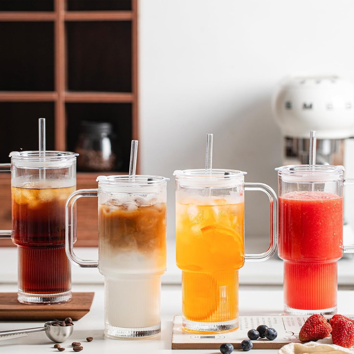 INSETLAN 24oz Glass Tumbler with Handle & Lid – 2-Pack Large Iced Coffee Cups with Straws, Modern Glass Mug for Cold & Hot Beverages, Aesthetic Glass Cups for Smoothies, Tea, and Juice