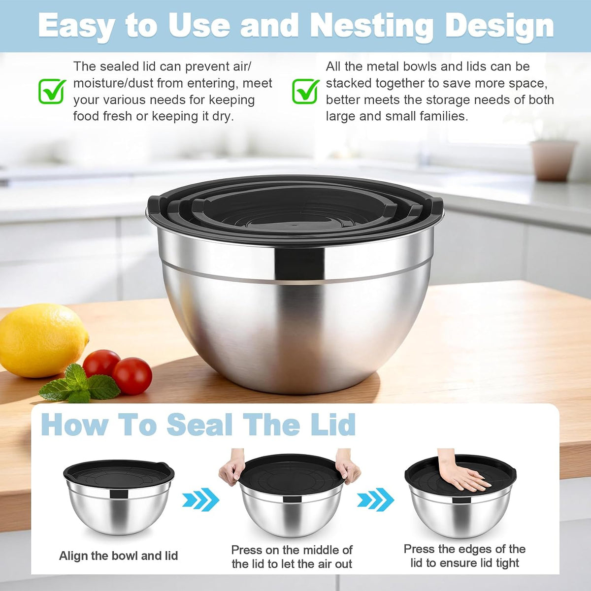 TeamFar Mixing Bowls, Stainless Steel Nesting Salad Bowls & Airtight Lids