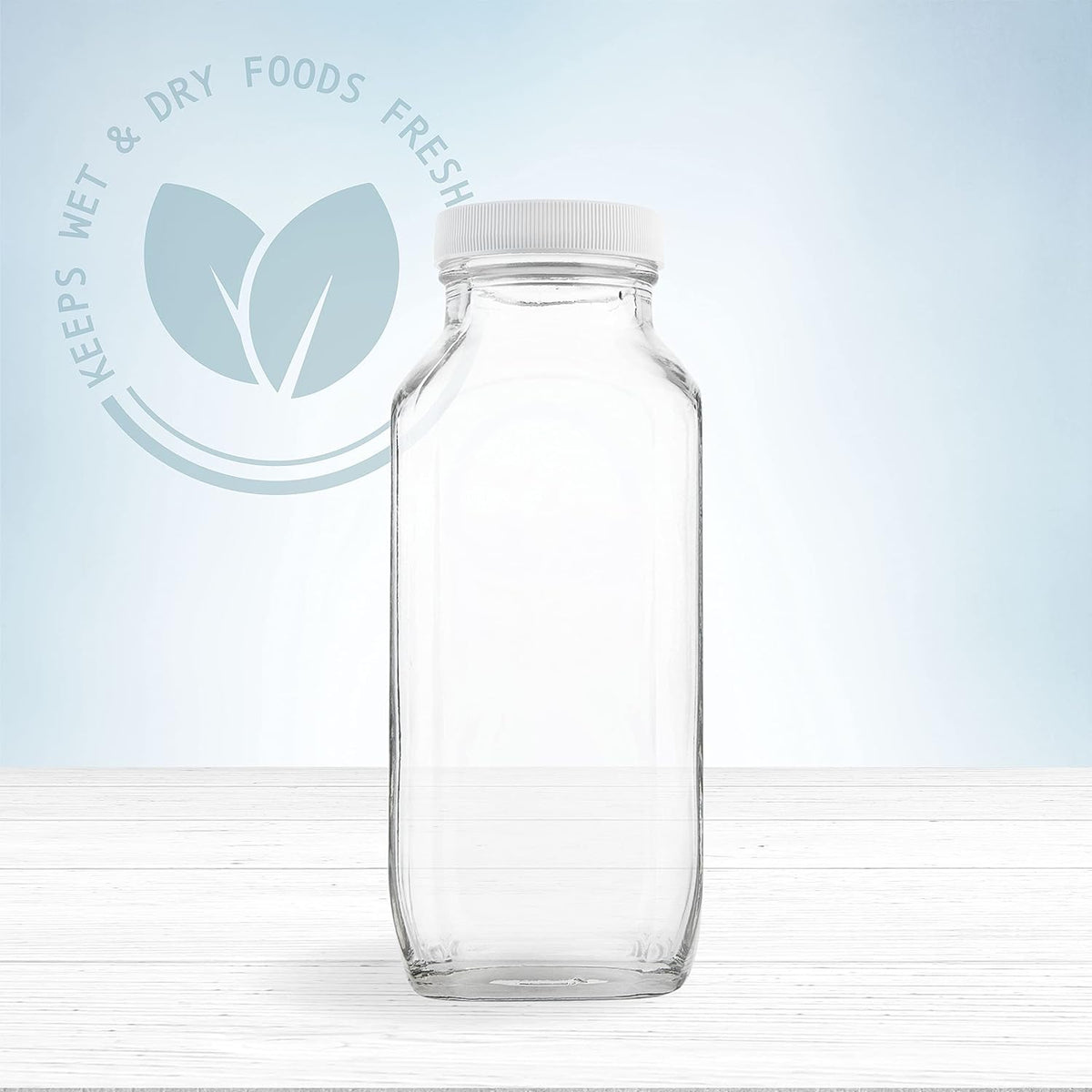 kitchentoolz 16oz Glass Milk Bottles with Lids – 16 oz Reusable Glass Bottles for Milk, Creamer, Juice, Smoothies, Kefir & Yogurt – Airtight Square Drinking Jars for Lunch Box & Fridge – 4 Pack