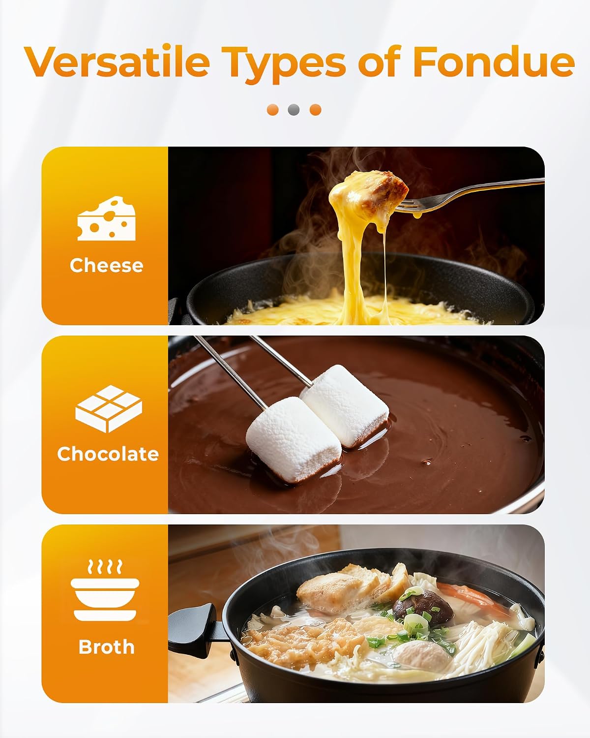 3-Quart Electric Fondue Pot Set – Stainless Steel Fondue Pot with 8 Color-Coded Forks, 3-Mode Adjustable Temperature Control for Cheese, Chocolate, Oil, and Hotpot, Model FD-10B