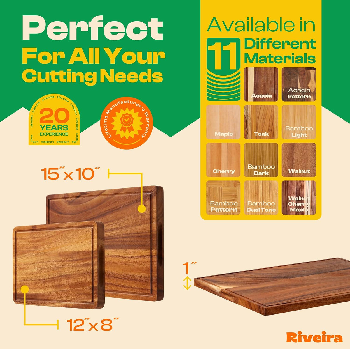 Riveira Walnut Wood Cutting Board – Versatile And Durable: Set Of 2 Pcs Rectangular Wooden Cutting Board – Natural Wooden Cutting Boards For Kitchen – Complete Walnut Wooden Chopping Board