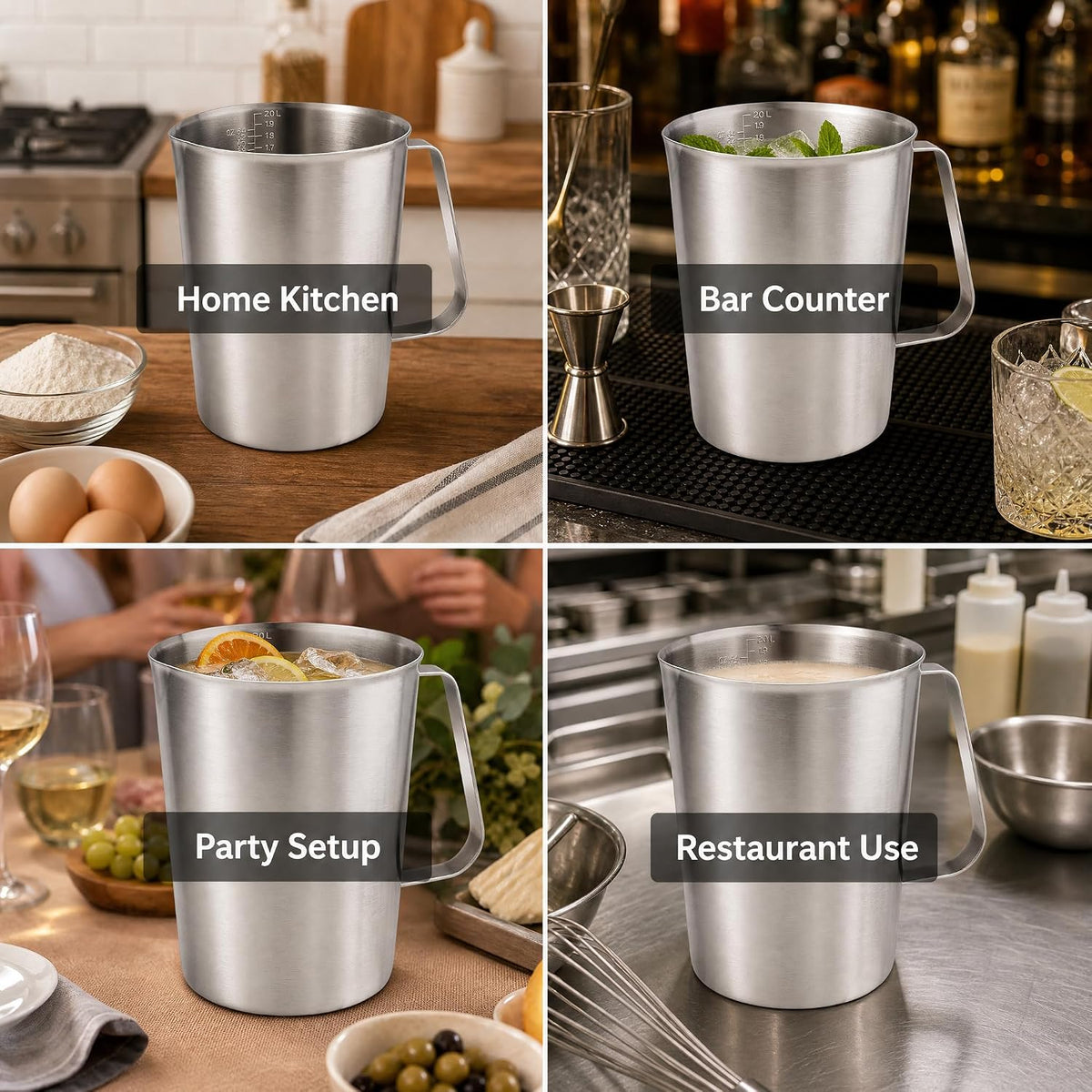 KSENDALO 64Oz/8Cup Stainless Steel Pitcher (SUS304), 2 Liter Metal Container for Water, Milk, Liquid with Handle with Engraved Markings, Silver