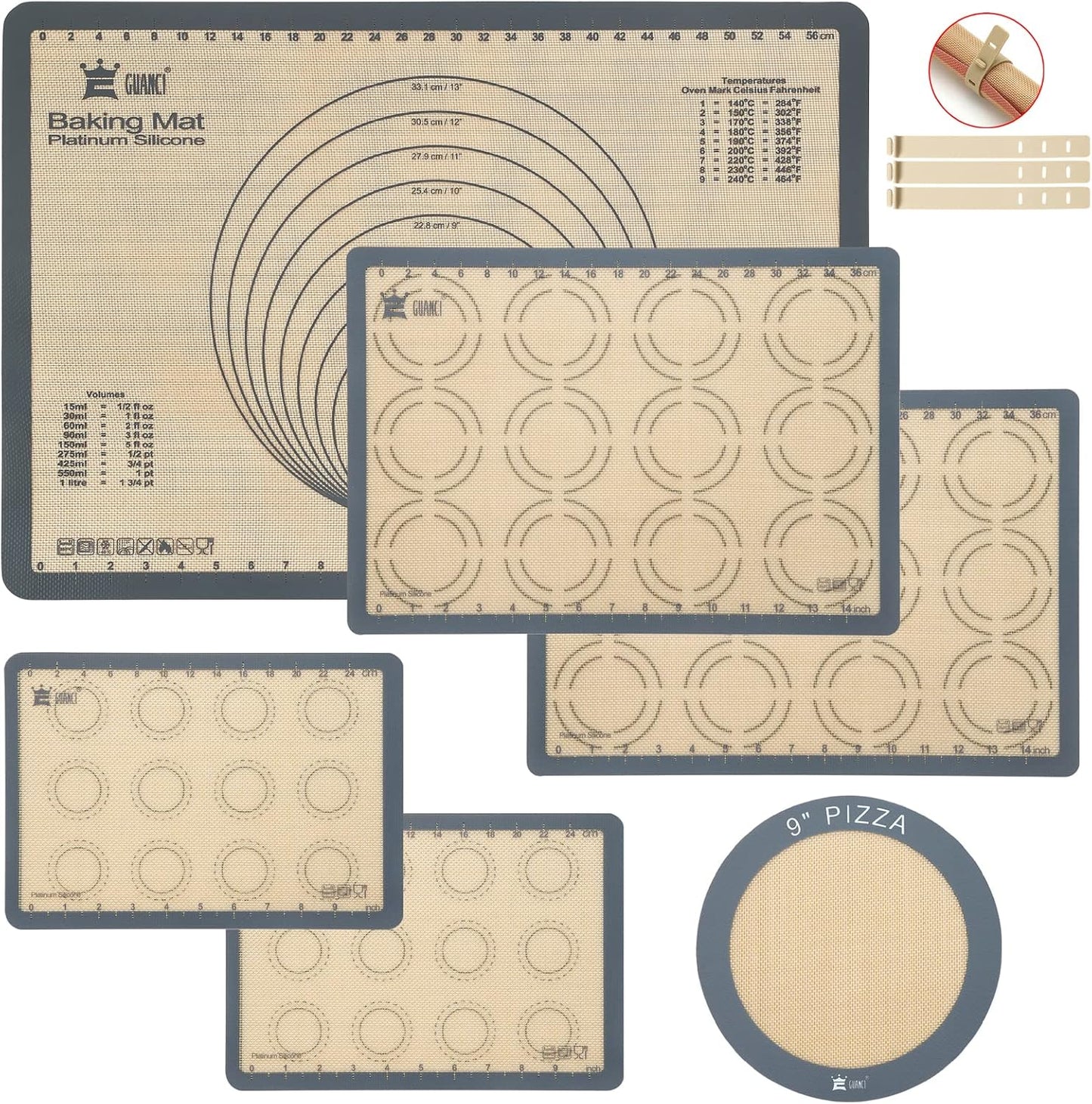 Silicone Baking Mat Set of 6, GUANCI Grade Food Baking mats Non-Stick Reusable Pizza Bakeware Mat for Making Macaroon, Pizza, Cookie, Pastry, Bread, Bun(Grey)