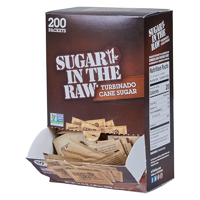 Sugar In The Raw Granulated Turbinado Cane Sugar On The Go Packets, No Erythritol, Pure Natural Sweetener, Hot & Cold