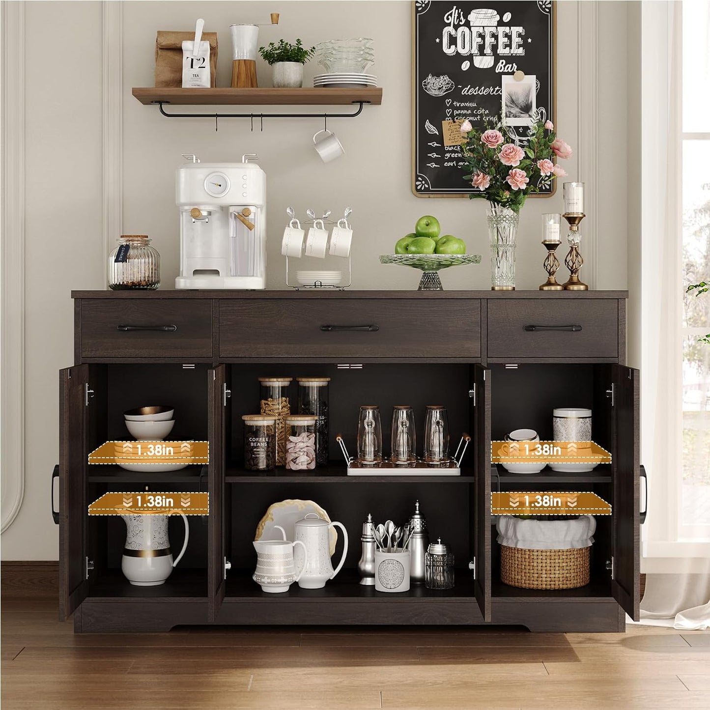 HOSTACK Buffet Cabinet with Drawers, 55" Large Sideboard Buffet Storage Cabinet with Shelves and Doors, Modern Farmhouse Coffee Bar Station Wood Kitchen Table for Kitchen, Dining Room, Dark Brown