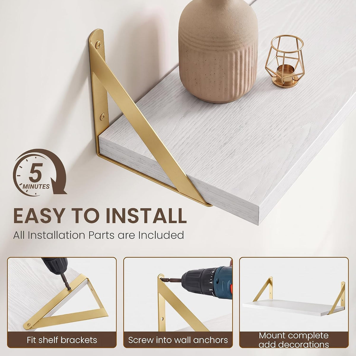 Dreamland Wall Mounted Floating Shelves Set of 2, 55x8, White&Gold