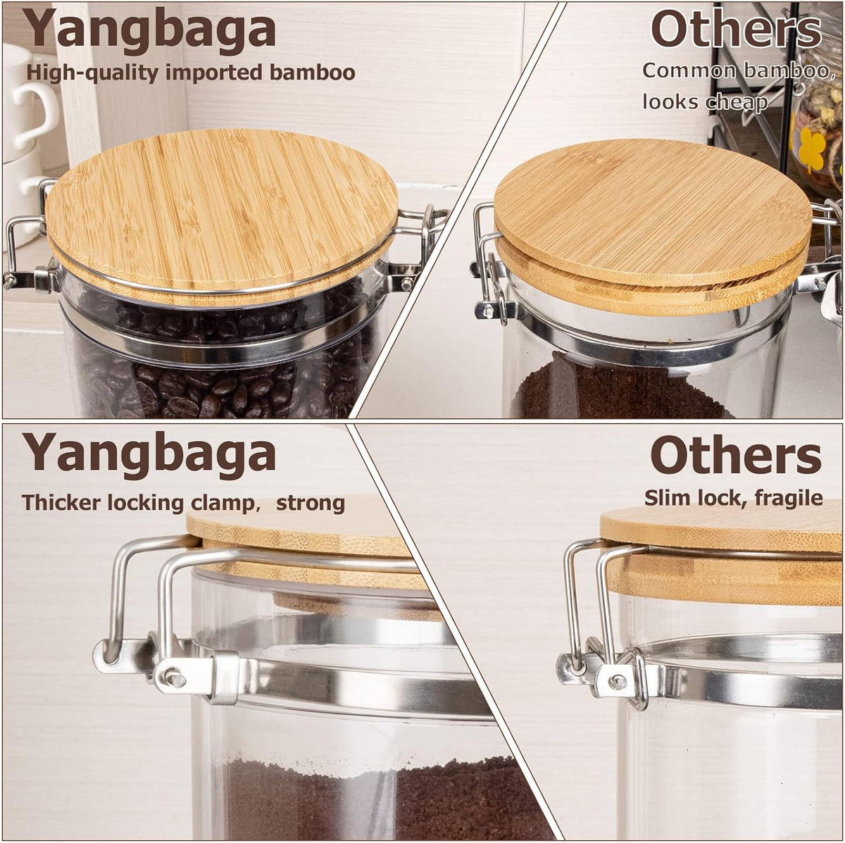 Yangbaga Coffee Container with Shelf: 2P 38OZ Plastics Airtight Coffee Jar | Coffee Canister w/Scoop - Kitchen Food Storage Jar for Ground Coffee/Tea/Sugar/Cereal/Nuts/Coffee Bar