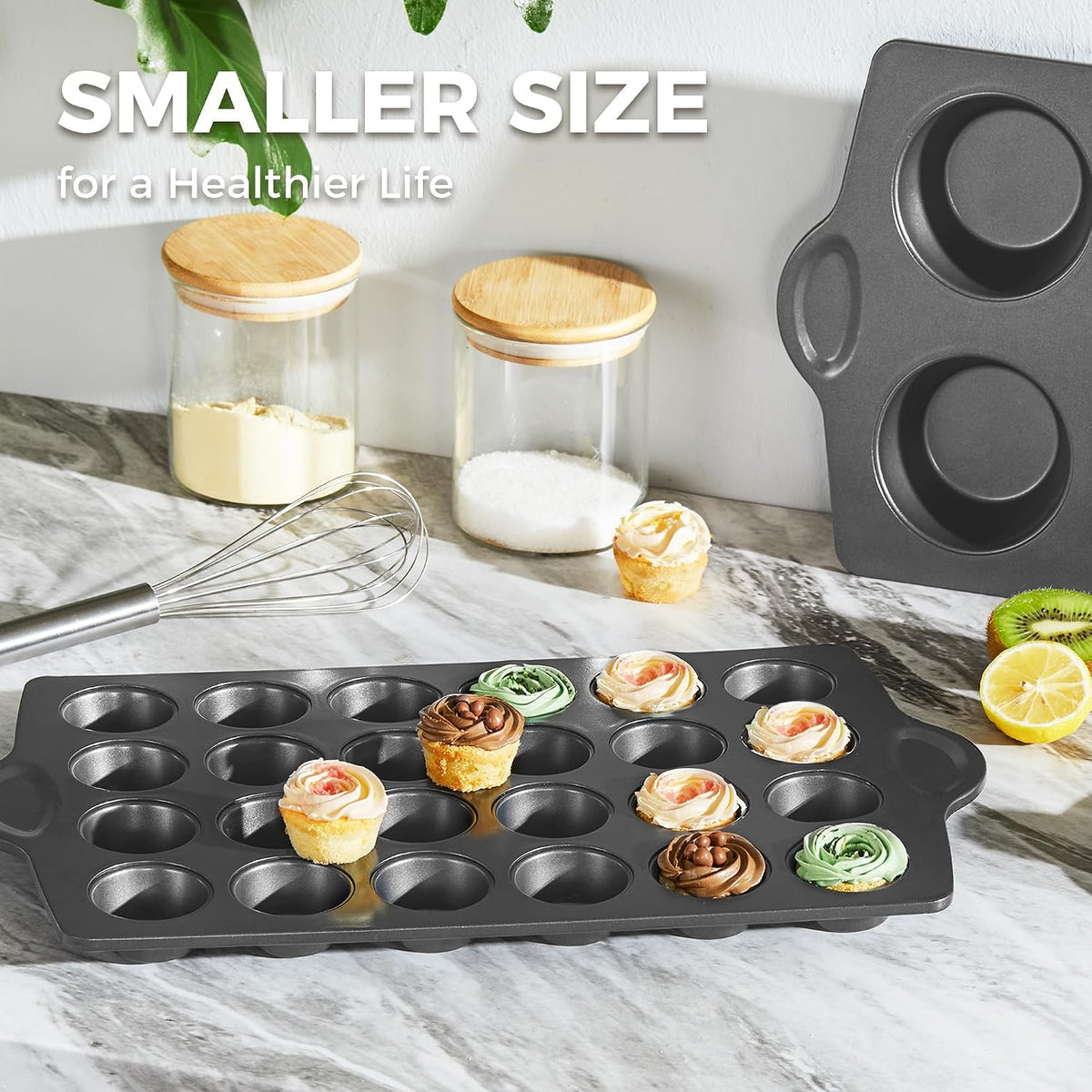 HONGBAKE Mini 24 Ceramic Muffin Pan Set, Nonstick Cupcake Pans with 240 Parchment Paper Liners, Non-toxic, Heavy-duty Small Cheesecake Tray with Ear Shaped Wider Grips, Gray
