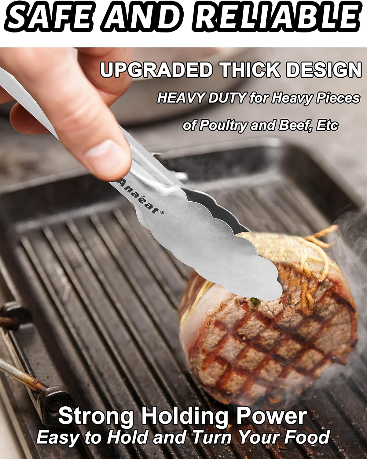 Anaeat 7" Mini Cooking Tong Stainless Steel - Sturdy Coiled Spring Locking Kitchen Food Tong with Non-Slip Silicone Grip for Serving, Cooking, Baking - Heat Resistant up to 480°F (Black)