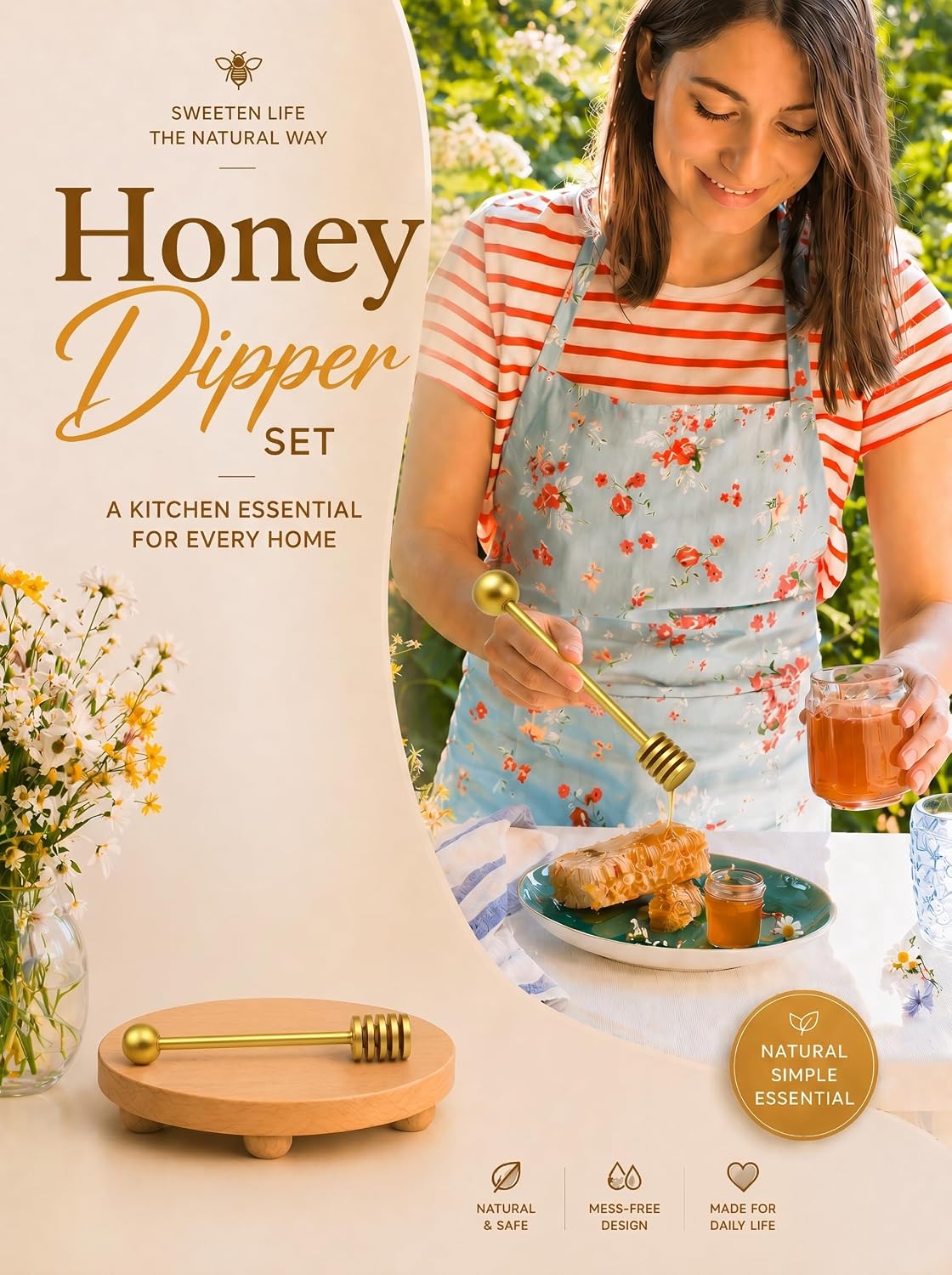 Honey Dipper, 6.3 in Stainless Steel Server Stick, 2-Pack Gold Color | Spiral Honey Dipper Design, Honeycomb Stick for Honey Jar, Syrup Drizzler, Tea Server, Dishwasher Safe Gift Pair