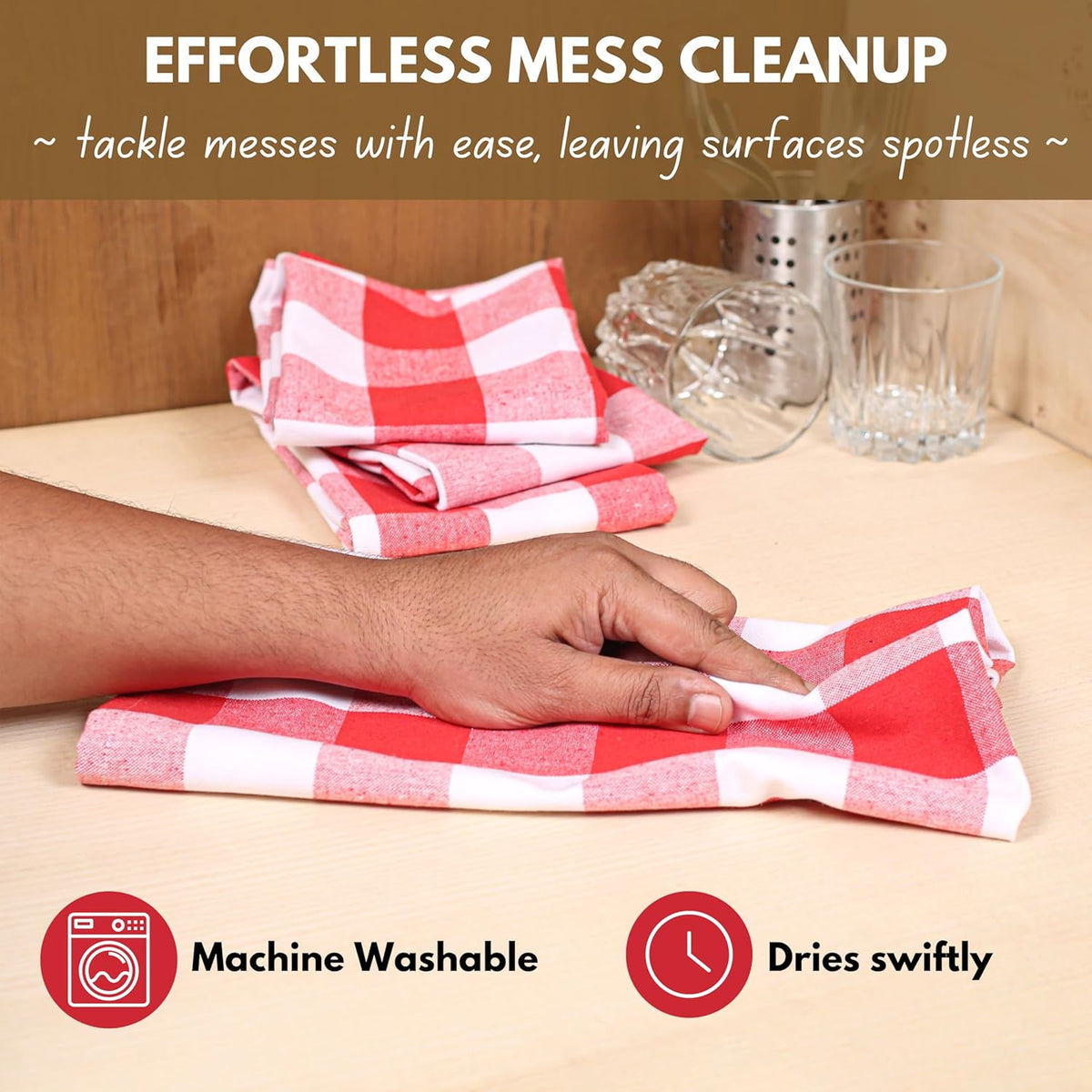 Native Fab 12-Pack Kitchen Towel with Hanging Loop 16x26 inches, Cotton Buffalo Check Kitchen Towels for Cleaning Drying, Washcloths Soft & Absorbent Cloth Rags, Bar Towel, Dish Cloth, Red