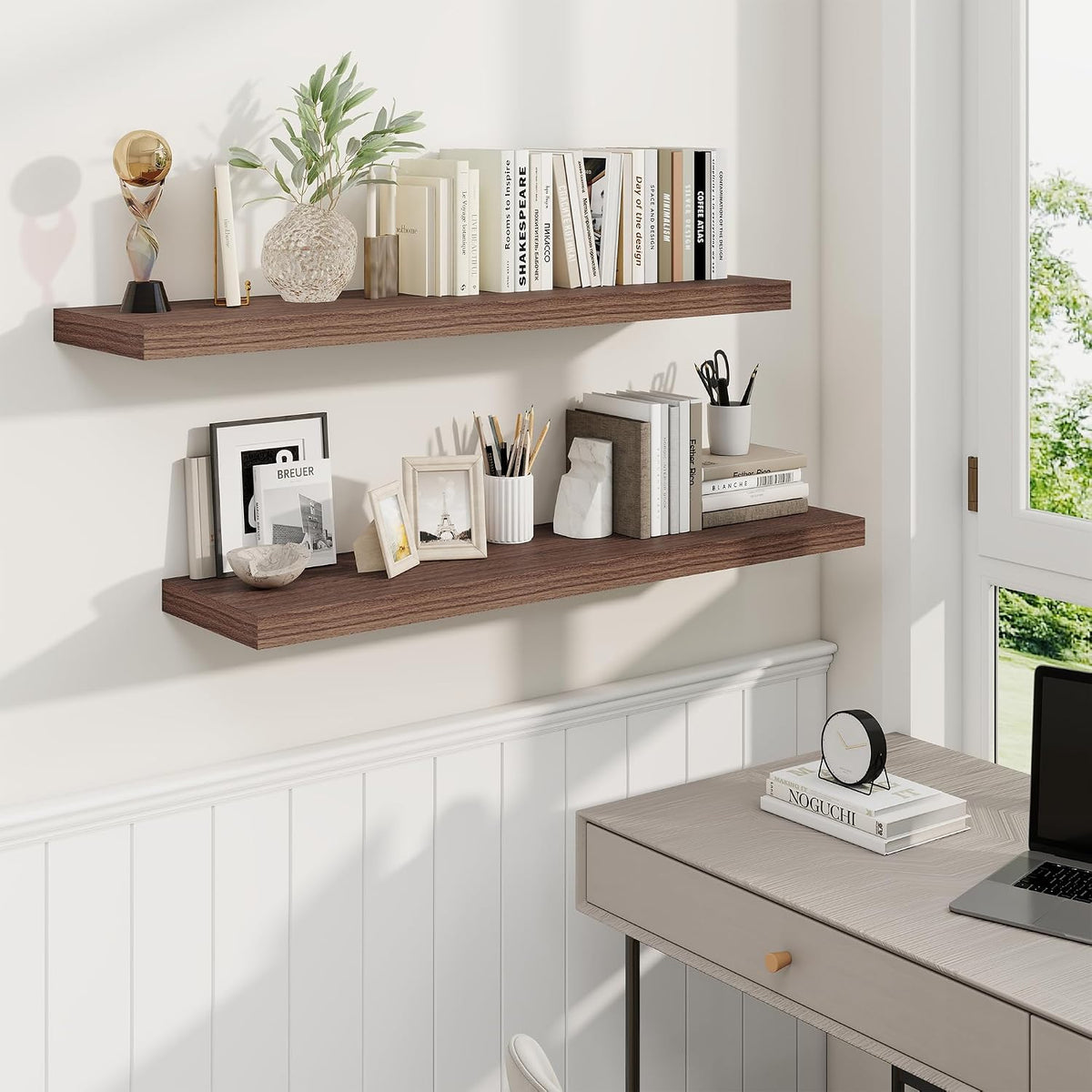 Fun Memories 40 Inch Walnut Floating Shelves, 9.3 Inch Deep Wall Shelves for Living Room|Bedroom|Kitchen, Rusitc Wall Mounted Bathroom Shelves 2 Pack, Heavy-Duty Deep Shelf for Books,Decor