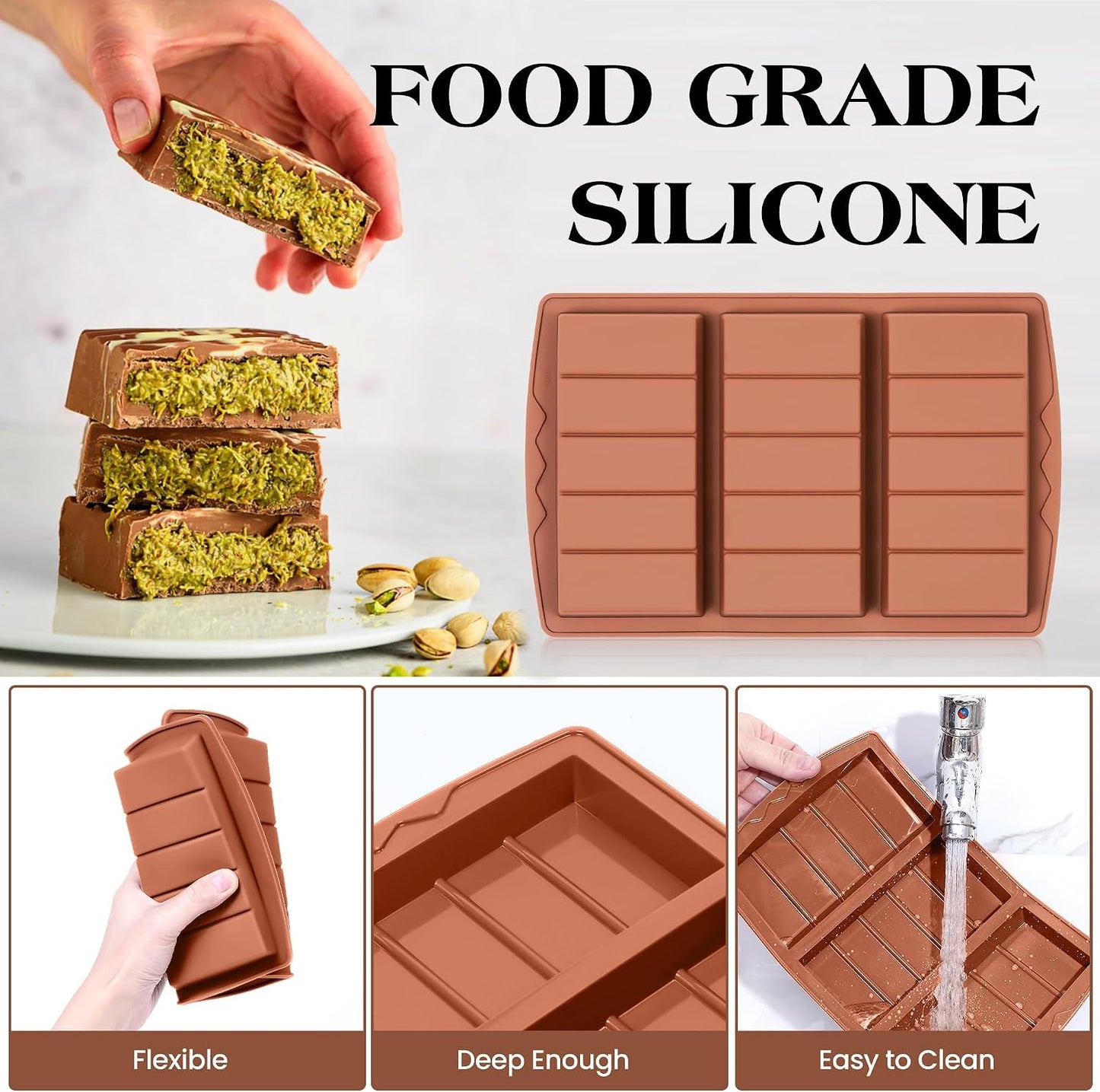 KASHME 2 Pcs Chocolate Bar Mold Deep Dubai 0.85 Inch Stuffed Chocolate Molds Silicone Large Break Apart Silicone Molds (10 Snap + 5 Snap)