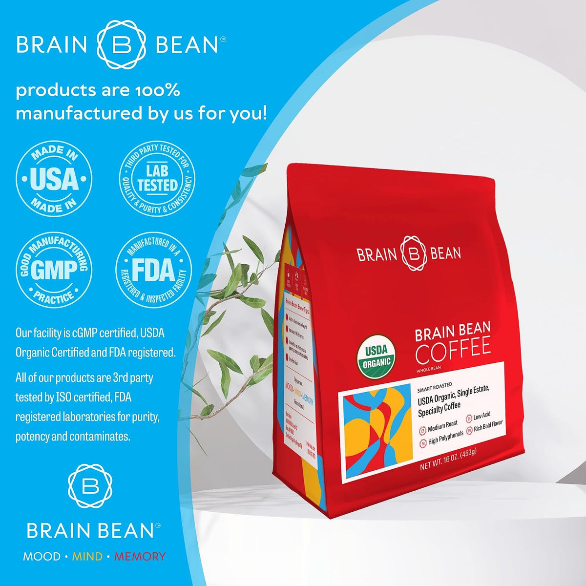Brain Bean Organic Coffee – USDA Certified Organic Whole Bean Medium Roast – Premium Specialty Coffee – Fresh Roasted for Rich Aroma & Smooth Balanced Flavor – 16 oz