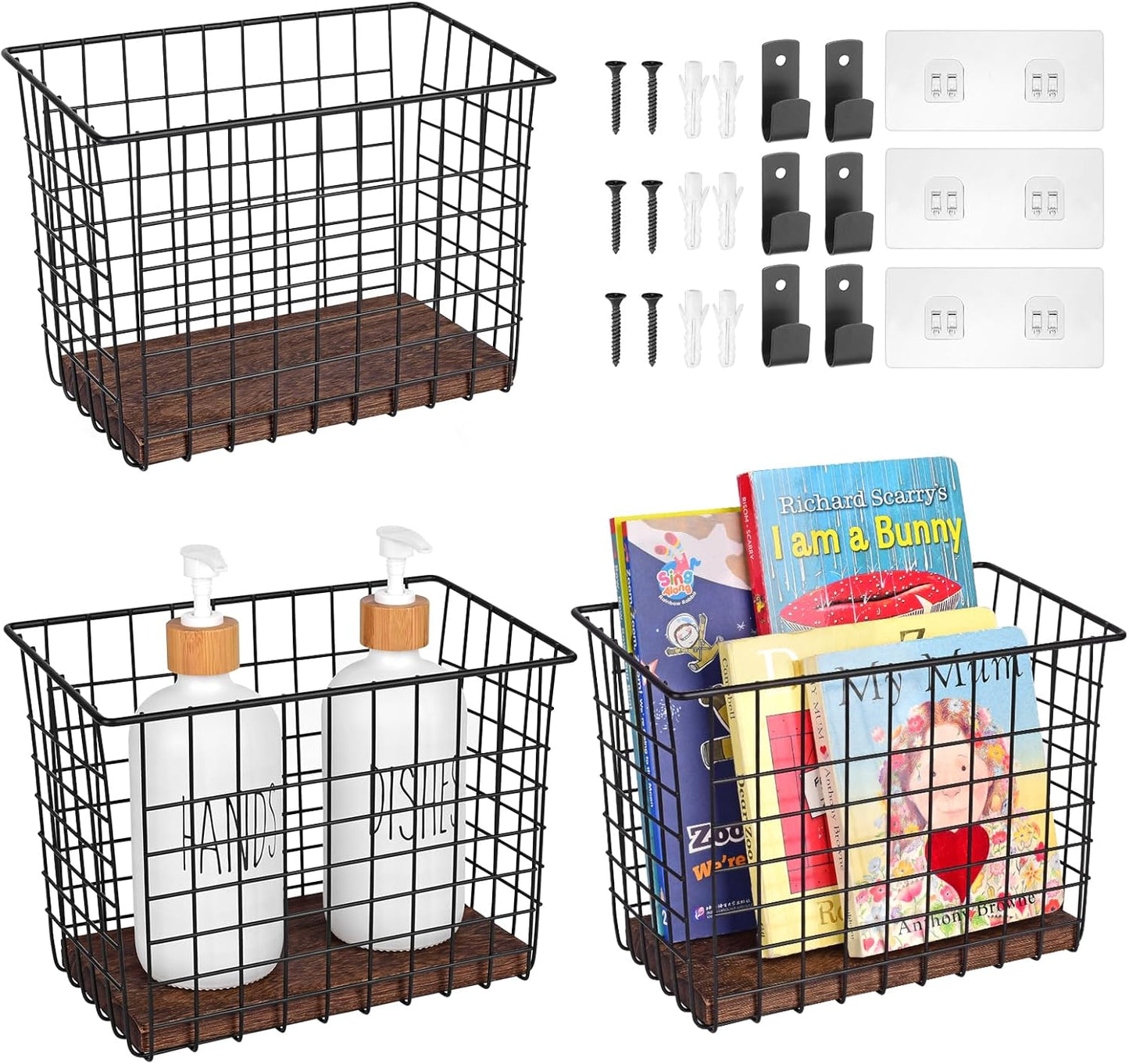 Wall Hanging Baskets 3 Pack, Large Diversified Wire Basket Shelves of Wooden Style, with Wall Mounte