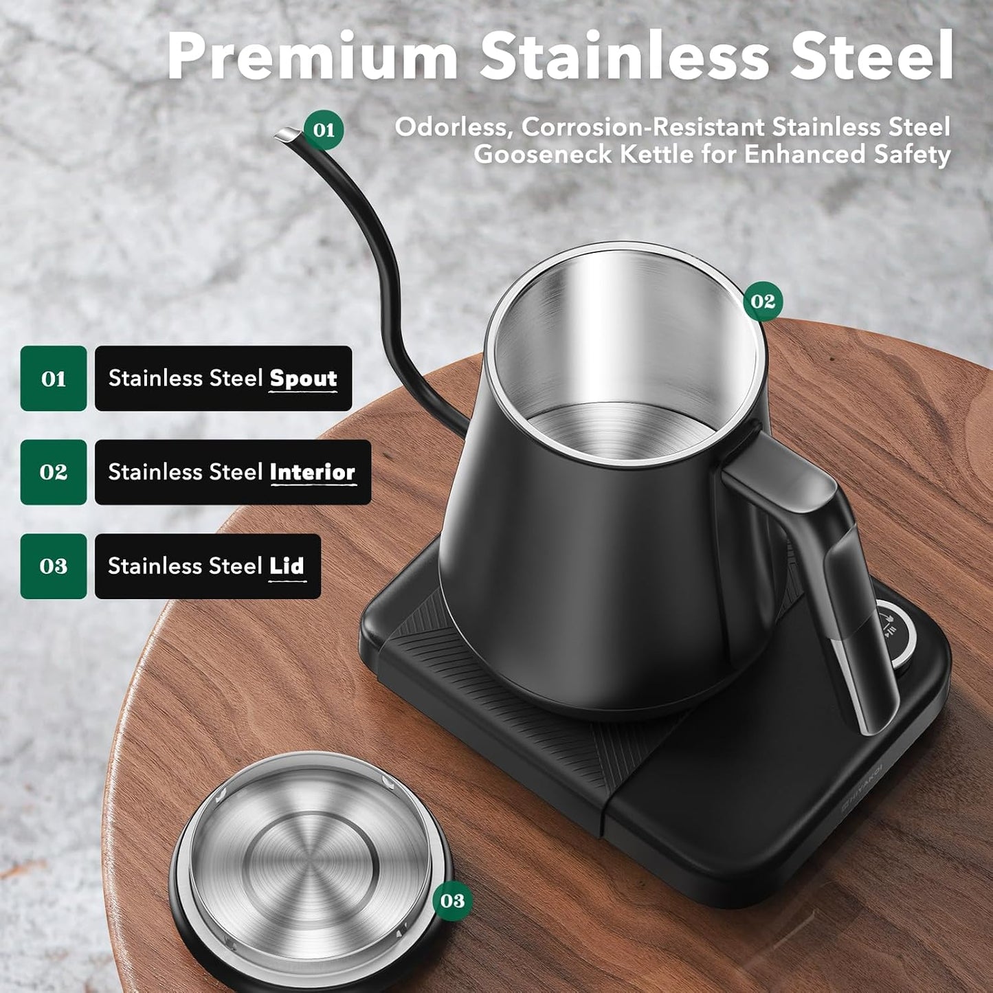 Gooseneck Electric Kettle HIYAKOI with ±1℉ Temperature Control, Pour Over Kettle for Coffee & Tea, 1200W Rapid Heating, Stainless Steel Water Boiler with 12H Keep Warm & Built-in Timer, 0.8L/27oz