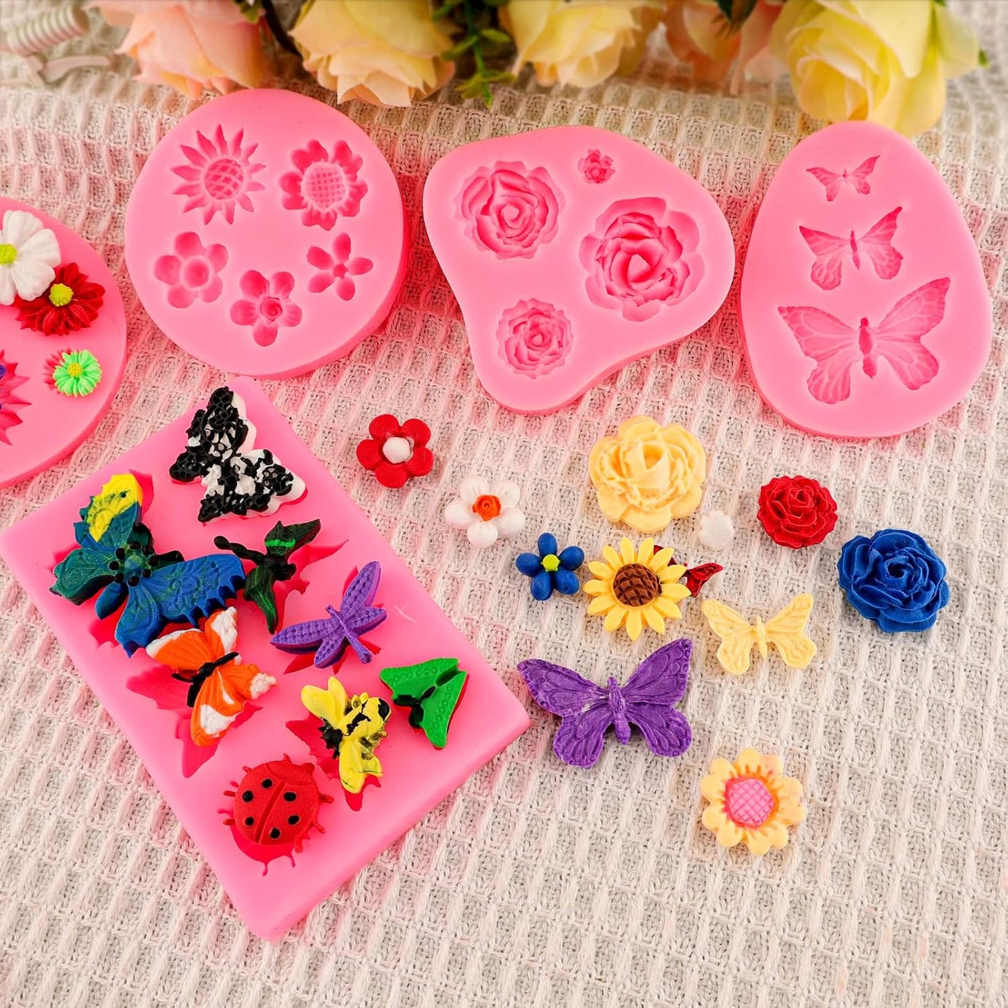 Silicone Mold Flower 8pcs Chocolate Fondant Polymer Clay Candy Gummy Mold,Rose Leaf Butterfly Bee Honey Shaped Silicone Molds for DIY Cake Cupcake