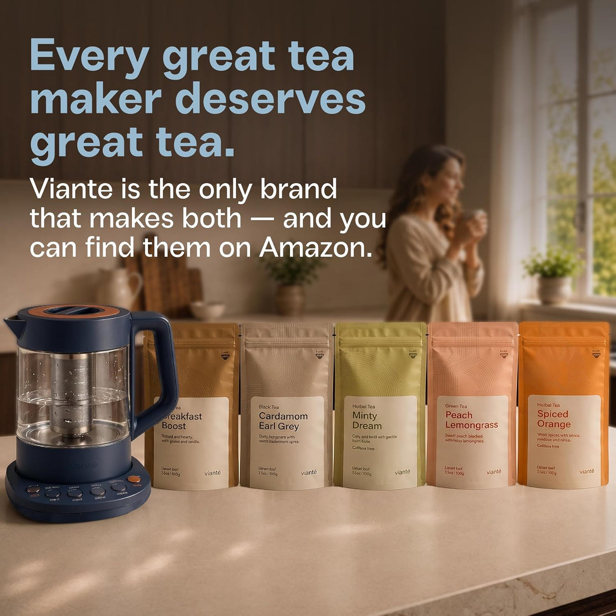 Viante Alba Electric Tea Kettle, Infuser, No Plastic, 1.5L, Midnight Blue