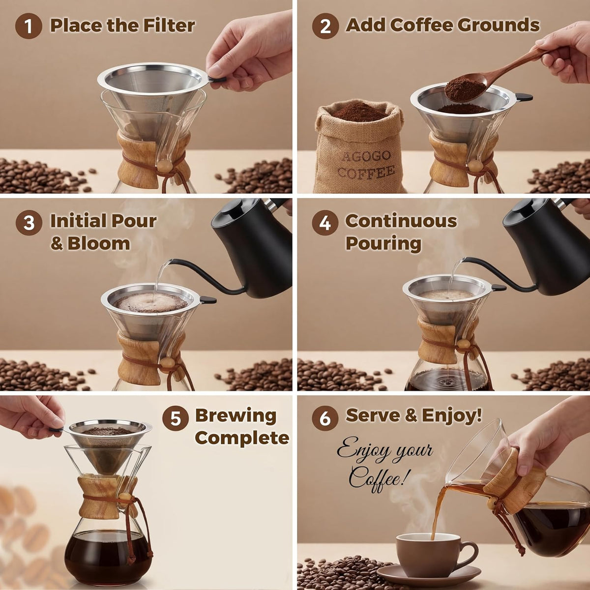 AGOGO Pour Over Coffee Maker Set, 34oz Slim Style, 304 Stainless Filter