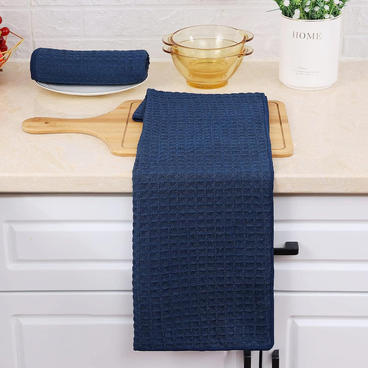 Homaxy Microfiber Waffle Weave Kitchen Towels, 16 x 28 Inch Ultra Absorbent and Solid Color Dish Towels, 4 Pack, Navy Blue