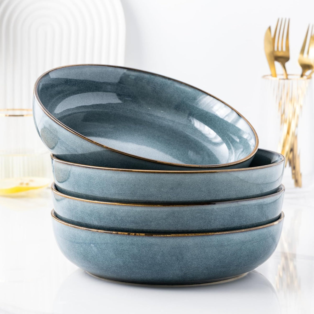 GBHOME 9'' Large Ceramic Pasta Bowls, 38oz Stoneware Pasta Serving Bowls Set of 4 for Kitchen, Wide Bowls for Fruit,Pasta,Salad,Oatmeal,Meal, Microwave Safe, Reactive Glaze-Space Blue