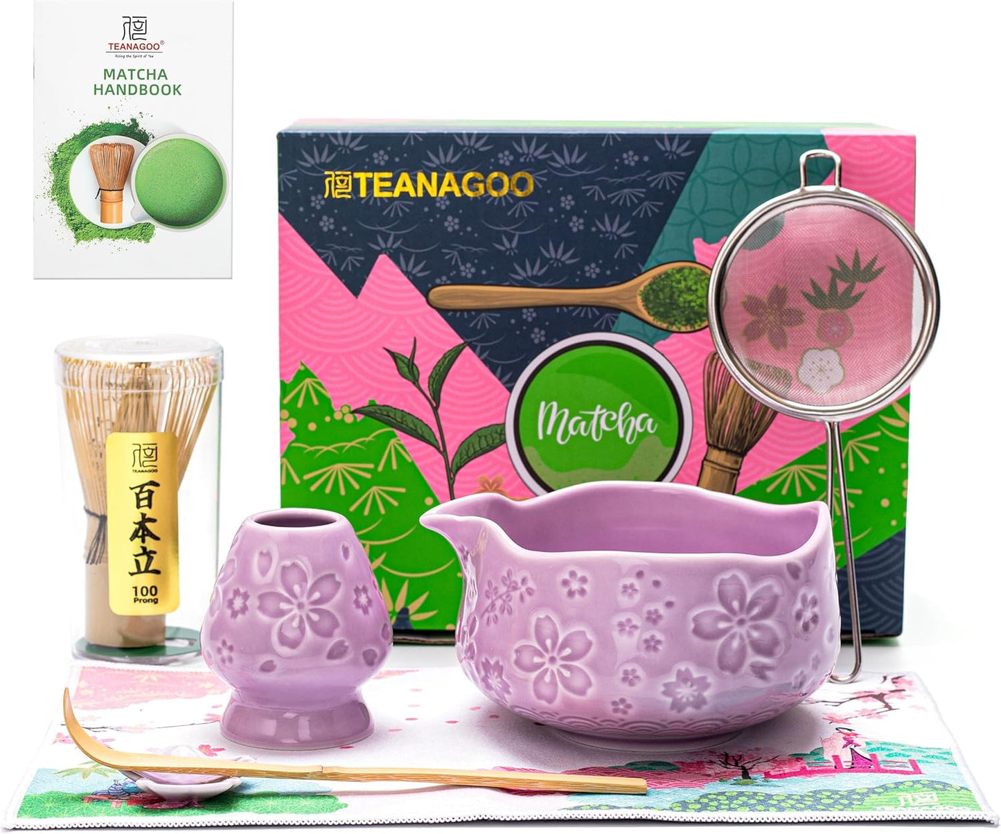 TEANAGOO 7-PCS Purple Matcha Whisk Set with Cherry Blossom Design, Complete Ceremony Kit, Ceramic Ch