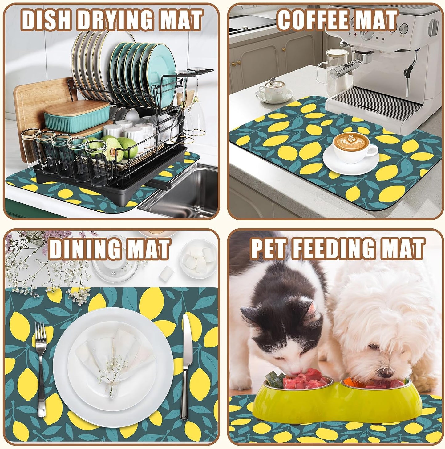 Yellow Lemon and Leaves Coffee Mat Absorbent Dish Drying Mat for Kitchen Counter Hide Stain Rubber Backed Coffee Bar Accessories Fit Under Espresso Machine 15.7 x 23.6 Inch