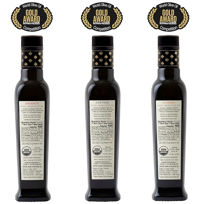 Entimio Collection Organic Italian Extra Virgin Olive Oil Gift Set from Italy, 600+ to 900+ mg/kg High in Polyphenols, 2025 Gold Winner, Early Harvest evoo, Cold Extracted, Lab Tested – 3 x 8.5 fl oz