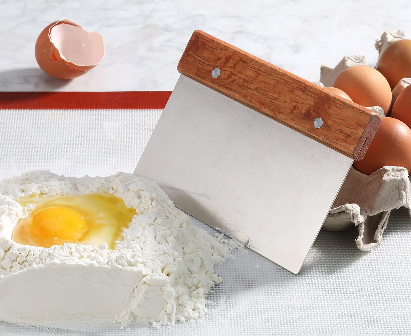 New Star Foodservice Bakery-Grade Stainless Steel Dough Scraper with Wood Handle, 6 x 3 Inch Bench Scraper, Pastry Cutter, Dough Divider, Baking Prep Tool