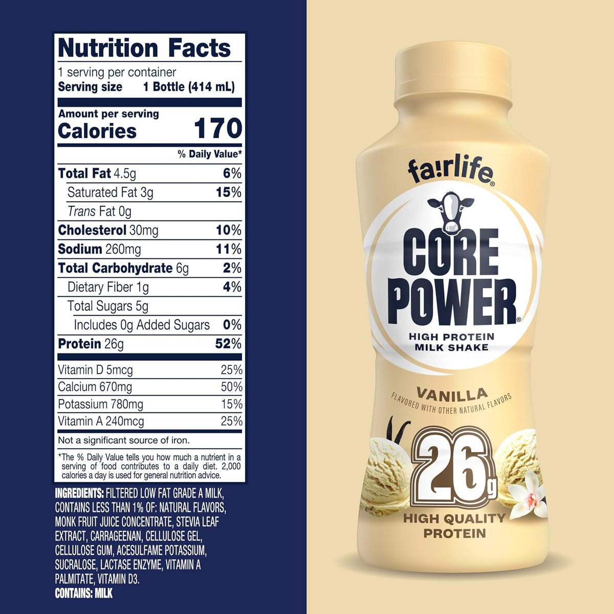 Core Power Fairlife 26g Protein Milk Shakes, Ready To Drink for Workout Recovery Liquid, Vanilla, 14 Fl Oz Bottle, kosher (Pack of 12)