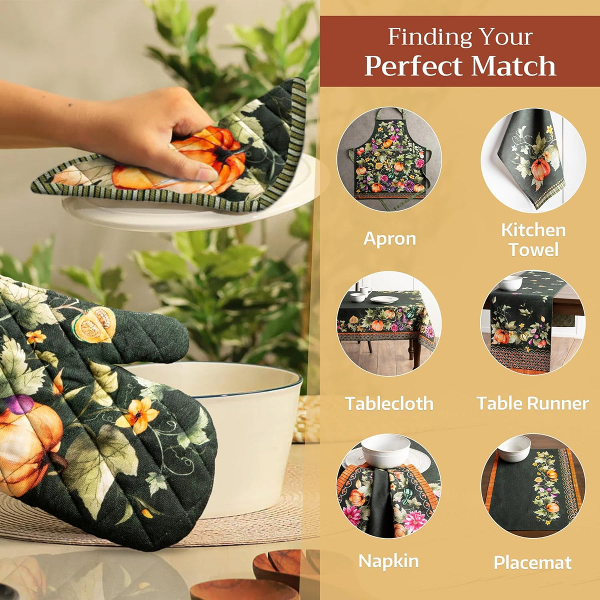 Maison d' Hermine Oven Gloves 100% Cotton Oven Mitt 7" x 13" with Loop Heat Resistant, BBQ, Cooking Gloves, Baking, Grilling, Kitchen, Handling Hot Pans (Pack of 1, Pumpkin Garden - Dark Green)