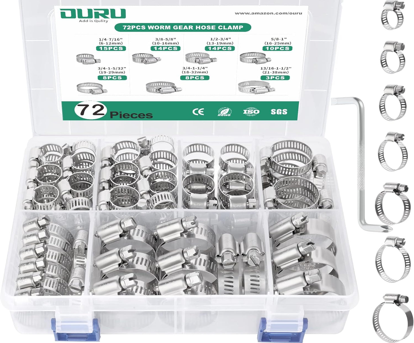 72PCS Hose Clamps Stainless Steel Assortment Adjustable 1/4"-1-1/2"(6-38mm) Worm Gear Hose Clamp, He