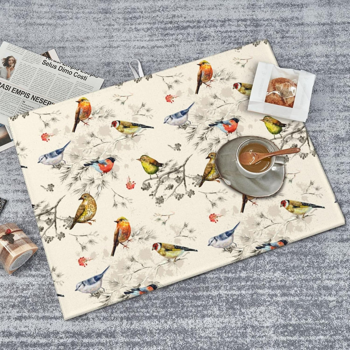 Spring Birds Dish Drying Mat Chinoiserie Watercolor Floral Branch Colorful Bird Microfiber Absorbent Drying Mats Reversible Kitchen Countertop Protector Dishes Drainer Rack Pad 18x24 Inch