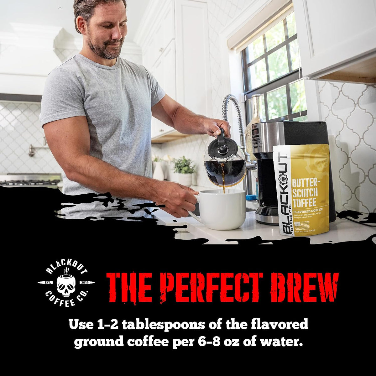 Blackout Coffee Butterscotch Toffee Flavored Ground Coffee – Medium Roast, Smooth Taste, Guilt-Free Indulgence – Freshly Roasted 12oz Pouch.