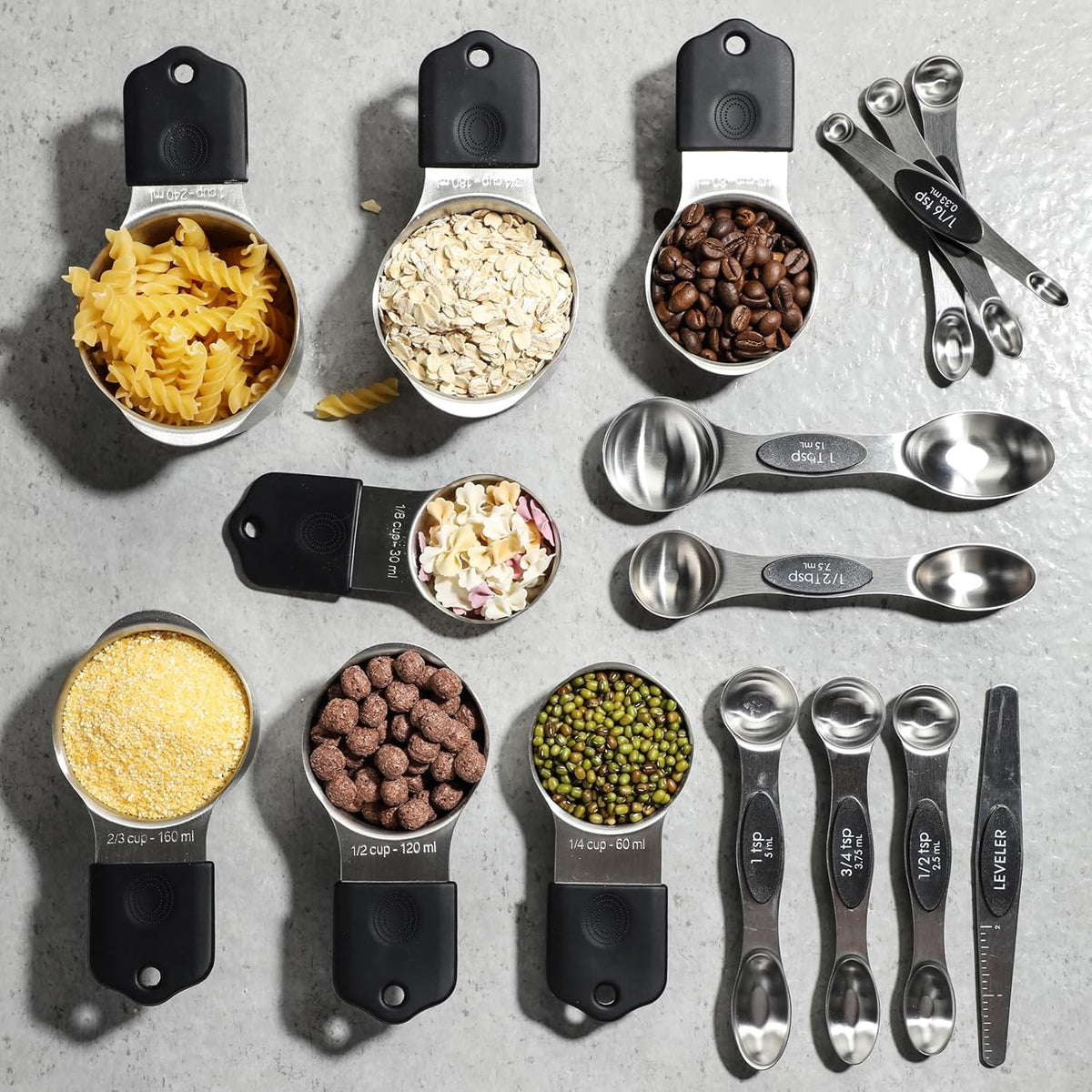 Magnetic Measuring Cups and Spoons Set Including 7 Stainless Steel Measuring Cups 8 Double Sided Magnetic Measuring Spoons Set with 1 Leveler Kitchen Tools for Cooking Baking (Black)