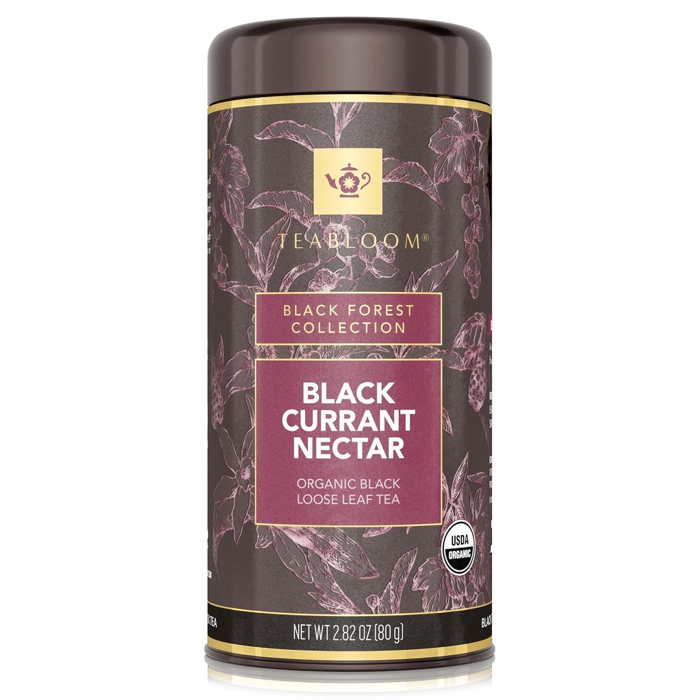 Teabloom Organic Black Tea, Black Currant Nectar Loose Leaf Tea, USDA Certified Organic, 2.82 Ounce Loose Leaf Tea Canister Makes 35-50 Cups
