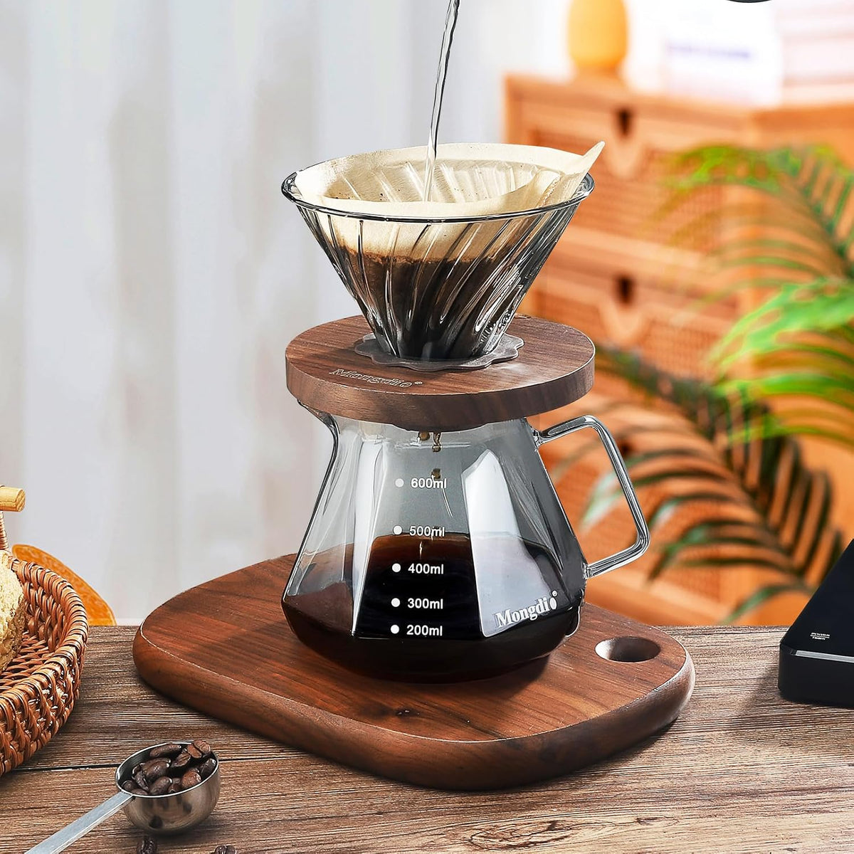 Mongdio Pour Over Coffee Maker, 20 oz Glass Coffee Maker, 600ml, Gray