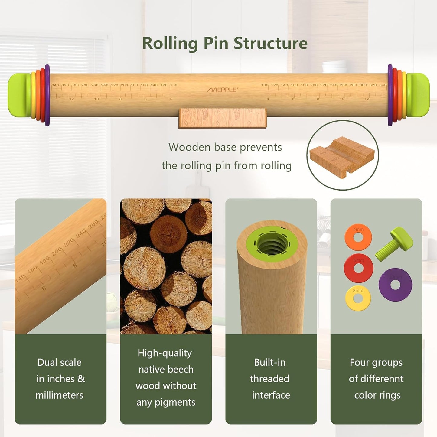 Adjustable Rolling Pin, 13.6''Dough Roller with Mat&Stand Fits Baking Dough
