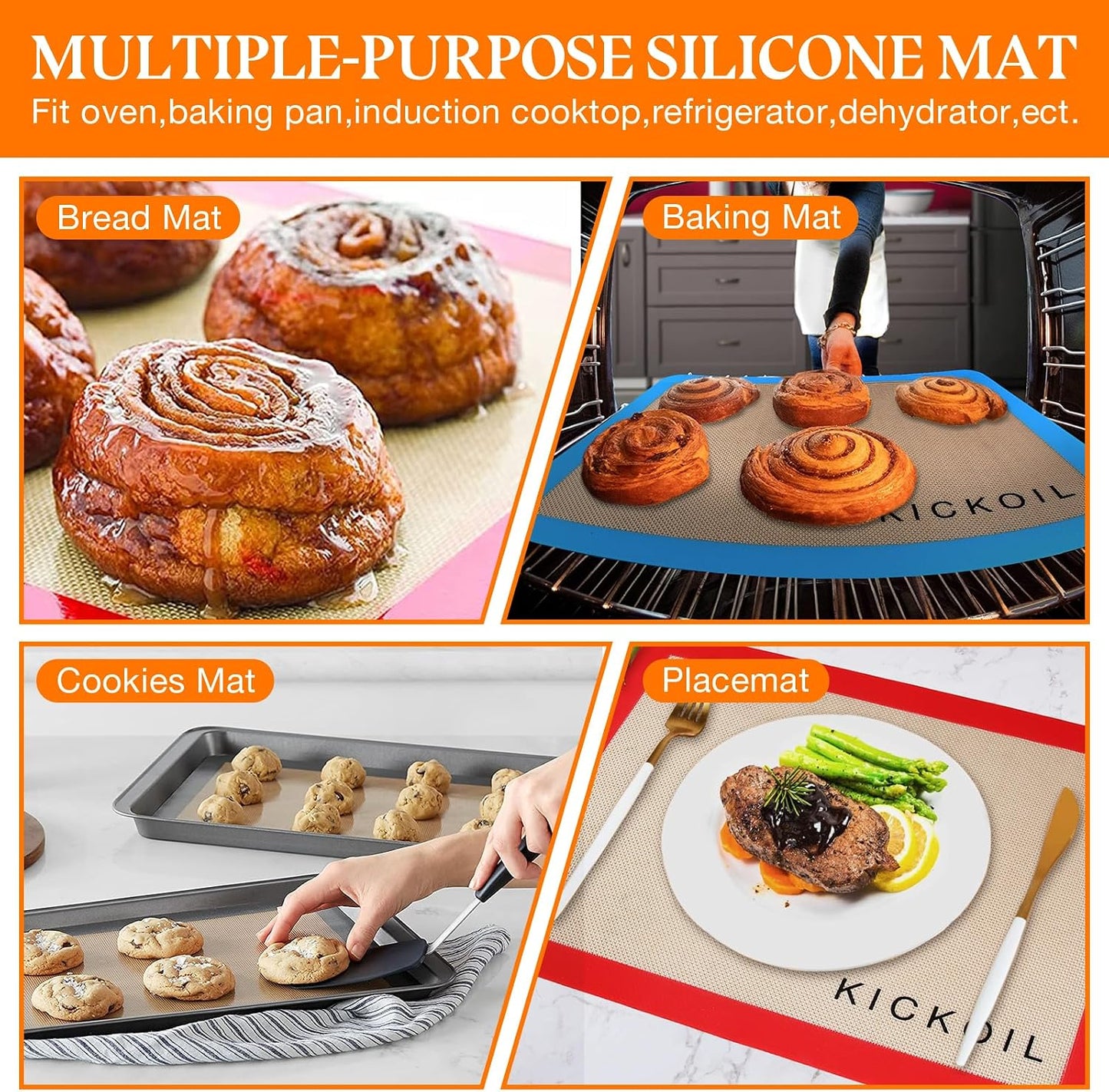 Silicone Baking Mats Set of 3, Non-Stick Reusable BPA-Free Oven Liners | Non Slip Silicone Baking Sheet for Cookies, Macarons, Bread and Pastry, Dishwasher Safe, 11.6'' x 8.5''(Quarter)